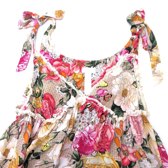 Emamo Vintage Silk Tan Pink Floral Ruffle Lace Shabby Chic Babydoll Dress S - Picture 5 of 9